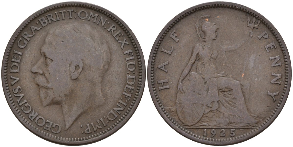 Великобритания 1/2 пенни 1925 Георг V (1910-1936), штрих на A - прямой KM 824, Spink 4057 бронза 4146-146