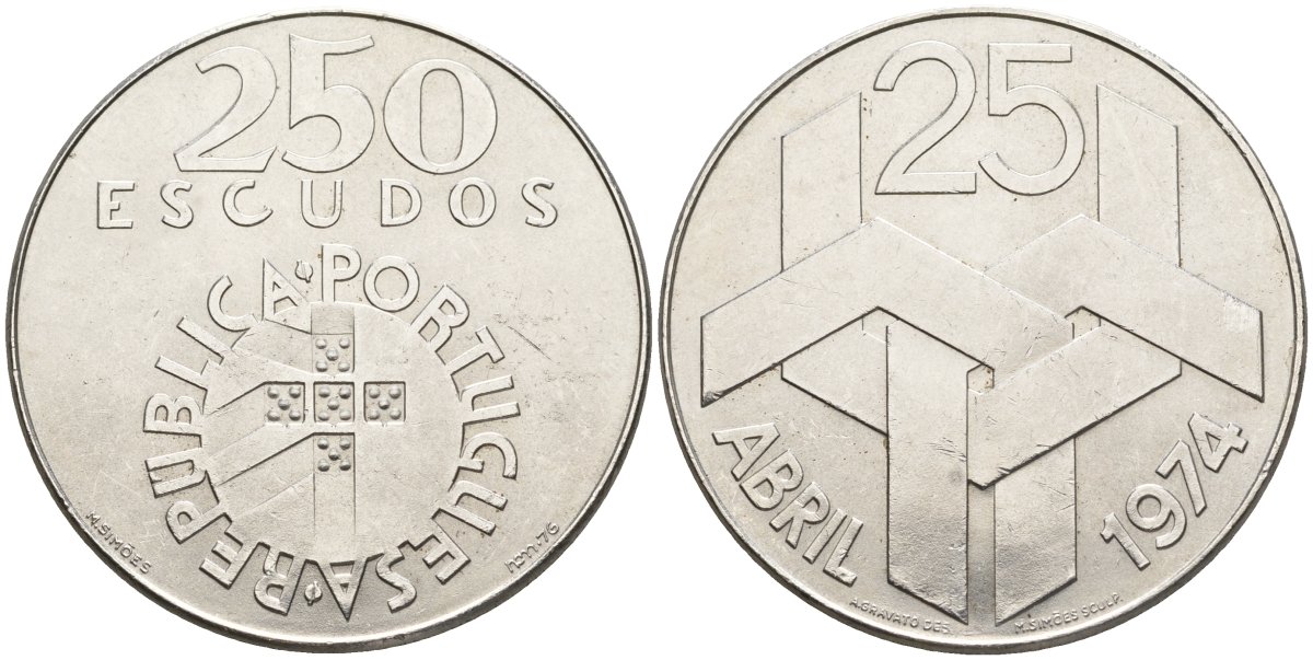 Португалия 250 эскудо 1976 Революция гвоздик 25 апреля 1974 года KM 604 серебро UNC 4558-333