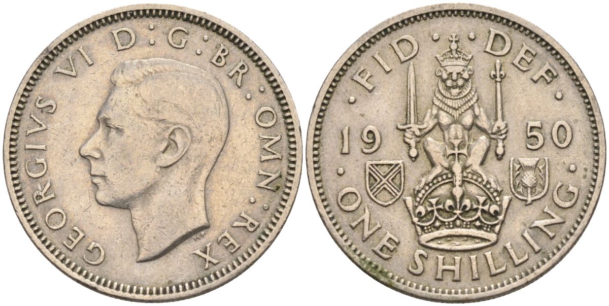 Великобритания 1 шиллинг 1950 Георг VI (1936-1952), Шотландский герб KM 877, Spink 4109 медно-никель 4116-827