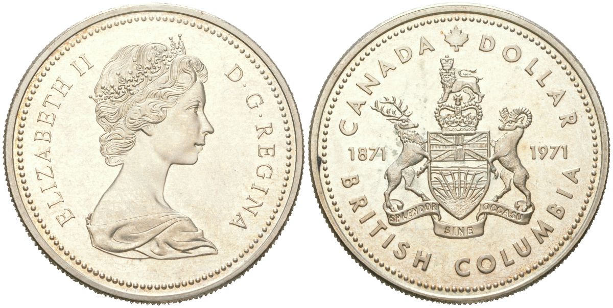 Канада 1 доллар 1971 100 лет присоединению Британской Колумбии KM 80 серебро BU 00-1067-1-31