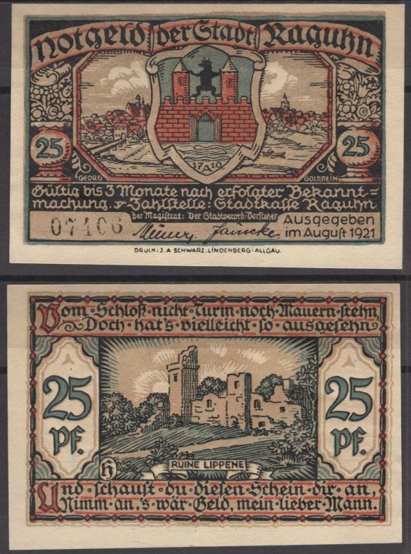Рагун 25 пфеннигов ND (1921) DeNG 1 1094.1-5/12 бумага UNC (пресс) 8595-9-3-1