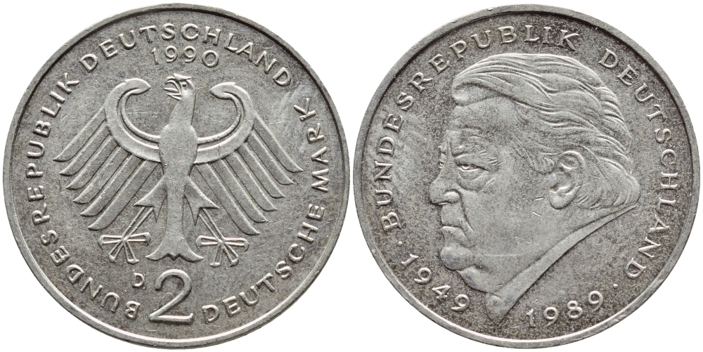 ФРГ 2 марки 1990 D, Франц Йозеф Штраус КМ 175 J.450 медно-никель плакированный никелем 4606-1032