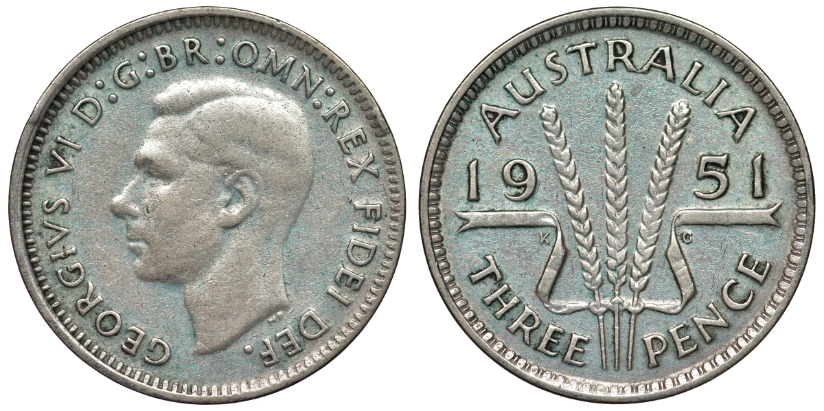 Австралия 3 пенса 1951 m, Георг VI (1937-1952), без букв KM 44 серебро 71-268