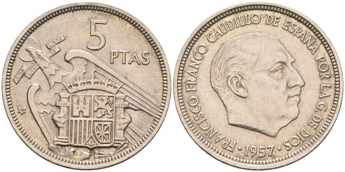 Испания 5 песет 1957(58) Франциско Франко (1939-1975) KM 786 медно-никель XF-UNC 4583-1141