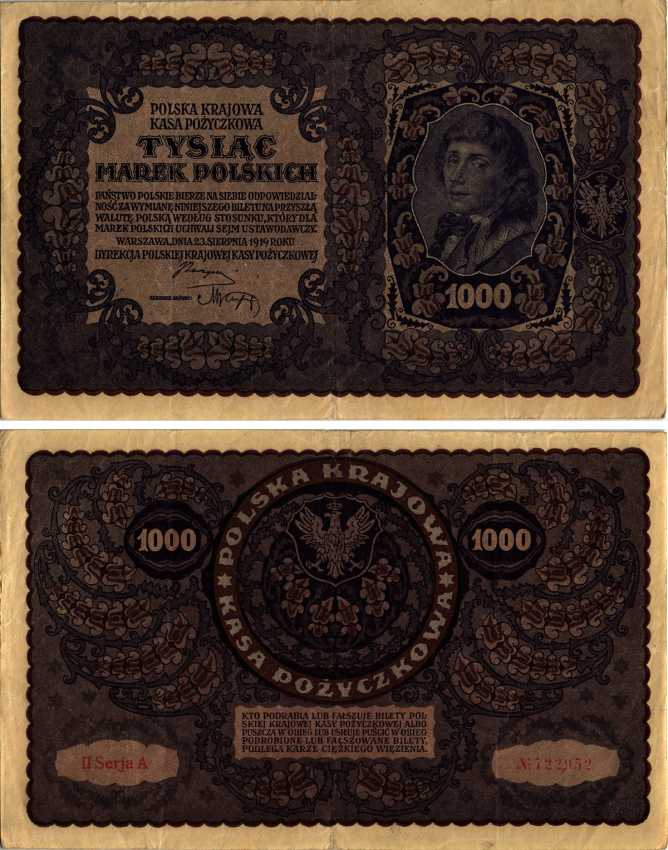 ПОЛЬША 1000 МАРОК 1919 23 АВГУСТА 1919, ТРЕТИЙ ВЫПУСК, ПОРТРЕТ КОСТЮШКО Pick 29 бумага VF-XF 8607-33-1