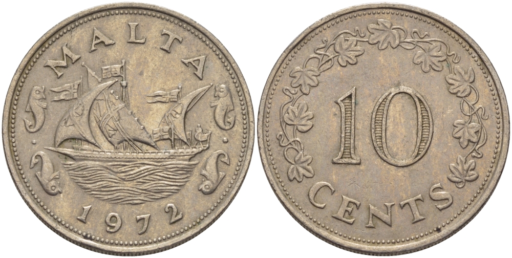 Мальта 10 центов 1972 баржа Великого магистра KM 11 медно-никель 82-623