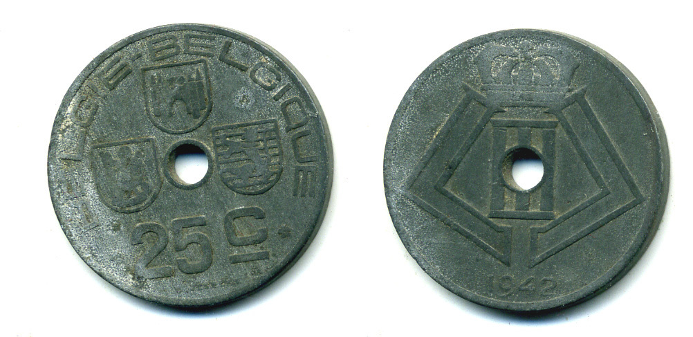 БЕЛЬГИЯ 25 САНТИМОВ 1942 BELGIE-BELGIQUE, ГЕРМАНСКАЯ ОККУПАЦИЯ, ВТОРАЯ МИРОВАЯ ВОЙНА KM 132 цинк 86-1023