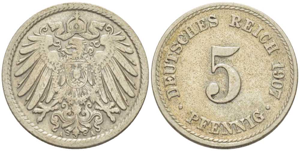 ГЕРМАНИЯ 5 ПФЕННИГОВ 1907 A KM 11, J. 12, Weege 6 медно-никель 206-948