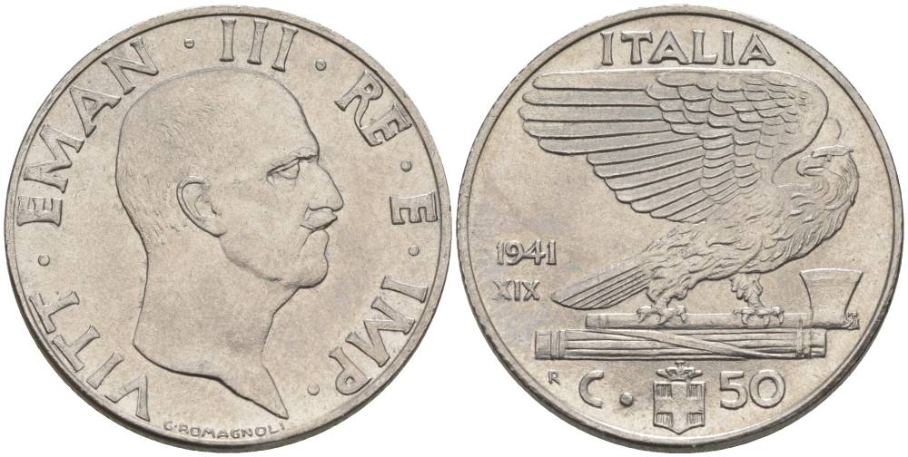 ИТАЛИЯ 50 ЧЕНТЕЗИМО 1941 R, ГОД XIX, ВИКТОР ЭММАНУИЛ III (1900-1946) KM 76b, VEM3. 1063 нержавеющая сталь 3853-336