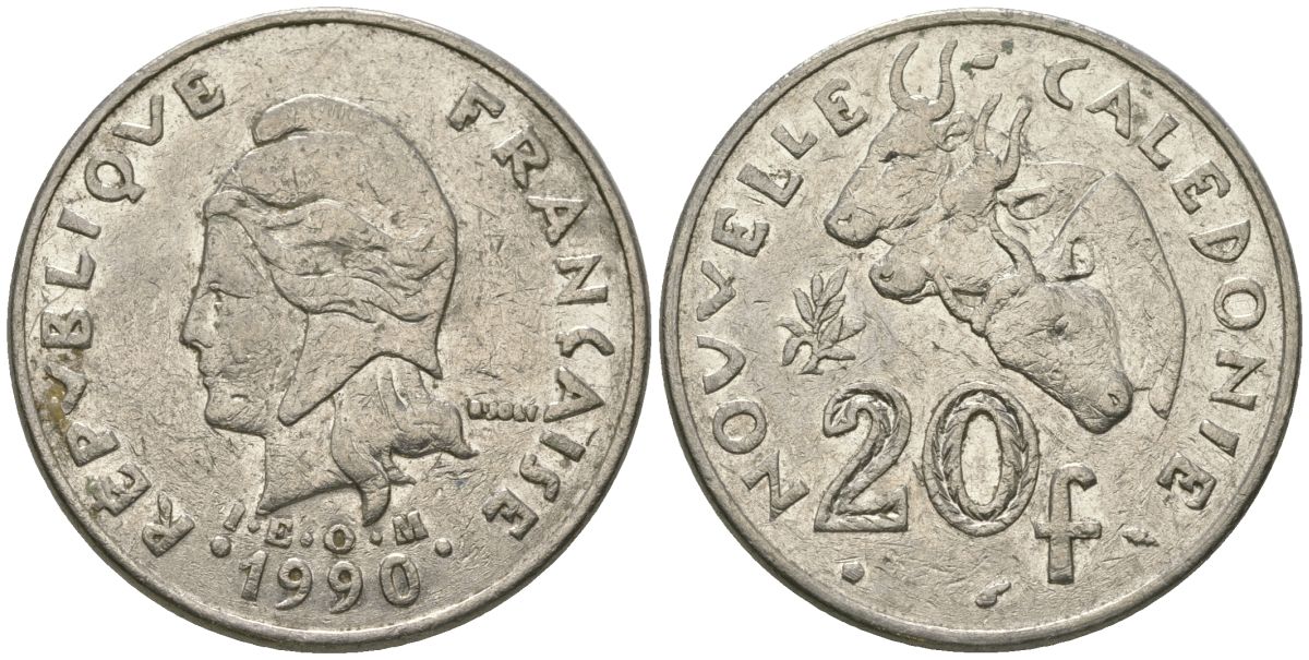 Французская Новая Каледония 20 франков 1990 три быка, (IEOM) KM 12, Schoen 14, Lec 113 никель 75-322