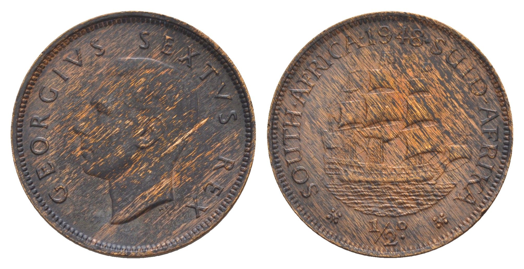 ЮАР 1/2 пенни 1948 Георг VI (1936-1952), редкий год KM 33.1 бронза 603-1131