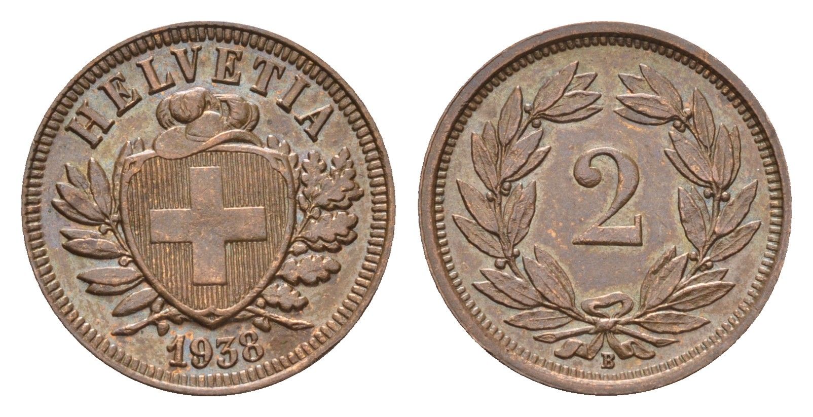 Швейцария 2 раппена 1938 B KM 4.2a бронза 1528-944
