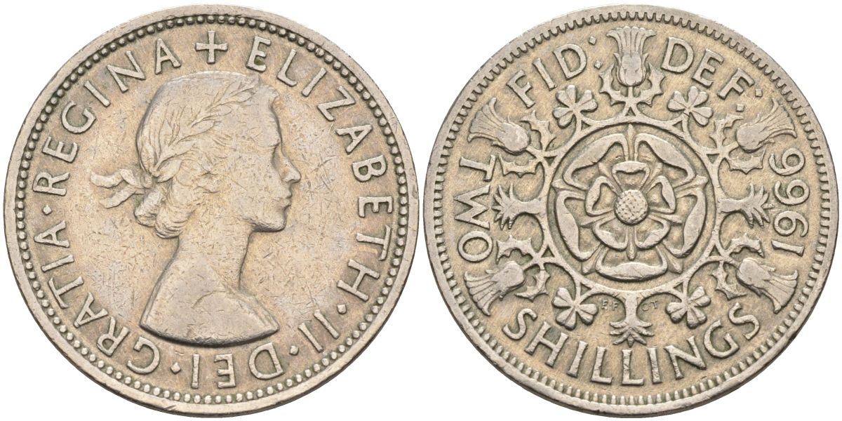 Великобритания 2 шиллинга (флорин) 1966 Елизавета II (1952-2022) KM 906, Spink 4146 медно-никель 4593-821
