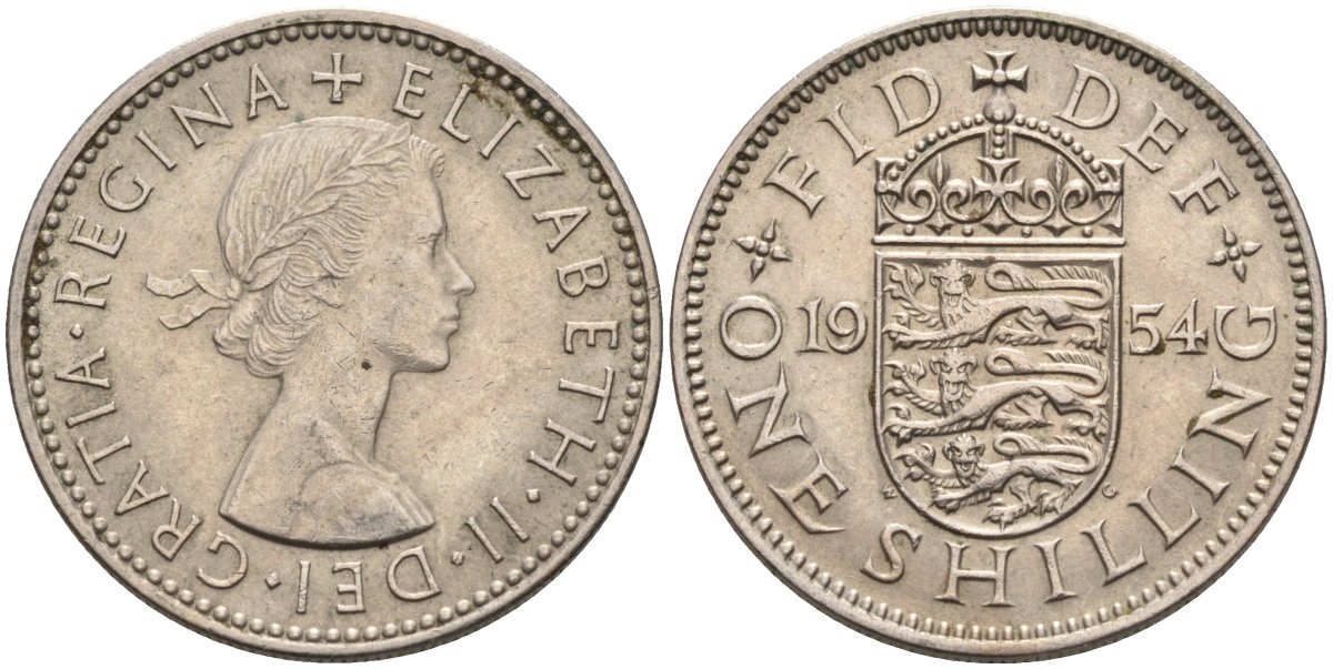 Великобритания 1 шиллинг 1954 Елизавета II (1952-2022), Английский герб KM 904, Spink 4147 медно-никель 4586-936