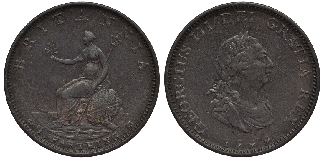 Великобритания 1 фартинг 1799 Георг III (1760-1820) KM 646, Spink 3779 медь 1523-844