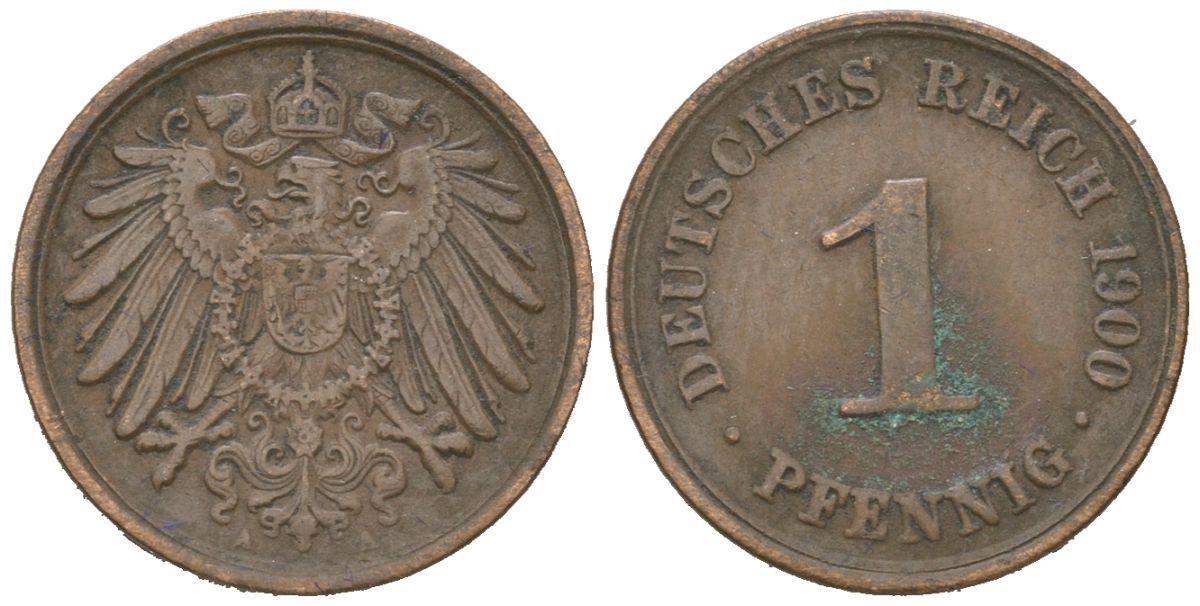 Германия 1 пфенниг 1900 A, Вильгельм II (1888-1918) KM 10, J. 10 медь 4615-713