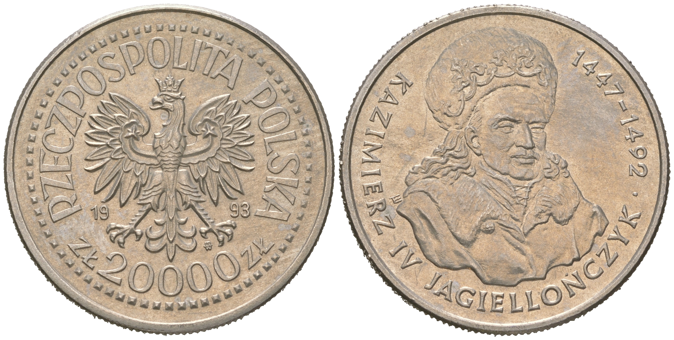 Польша 20000 злотых 1993 серия Польские короли, Казимир IV Ягайлович (1447-1492) KM 256 медно-никель  UNC 4512-1112