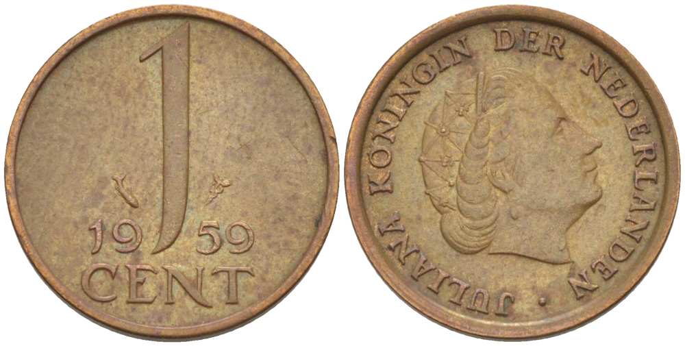 НИДЕРЛАНДЫ 1 ЦЕНТ 1959 КОРОЛЕВА ЮЛИАНА KM 180 бронза 3955-121