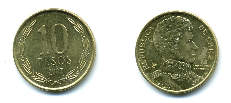ЧИЛИ 10 ПЕСО 2007 ГЕНЕРАЛ БЕРНАРДО О ХИГГИНС KM 228.2 никель-бронза 37-265