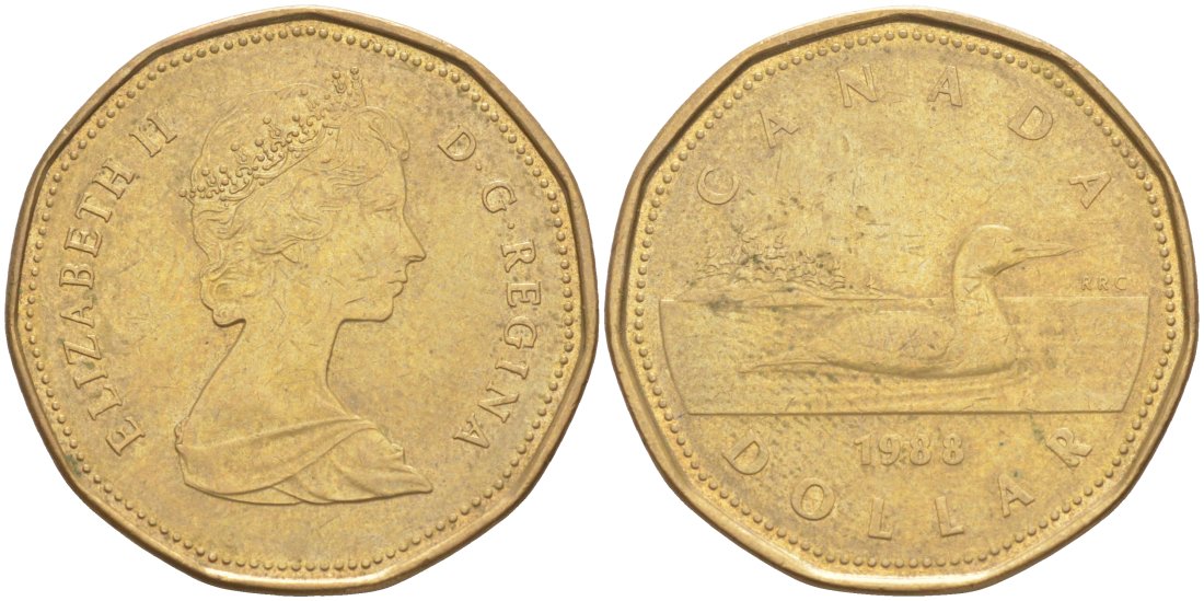 Канада 1 доллар 1988 утка, Елизавета II KM 157 никель плакированный алюминиевой бронзой 63-622