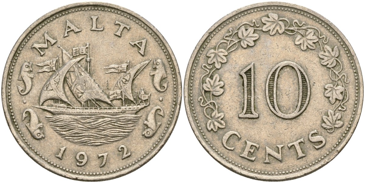 Мальта 10 центов 1972 баржа Великого магистра KM 11 медно-никель 4137-922