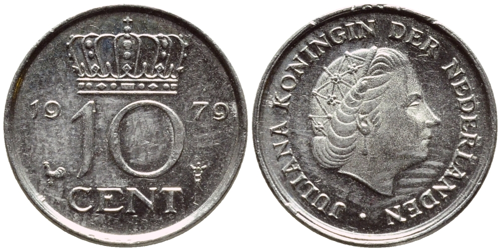 НИДЕРЛАНДЫ 10 ЦЕНТОВ 1979 ЮЛИАНА KM 182 никель 4392-1351