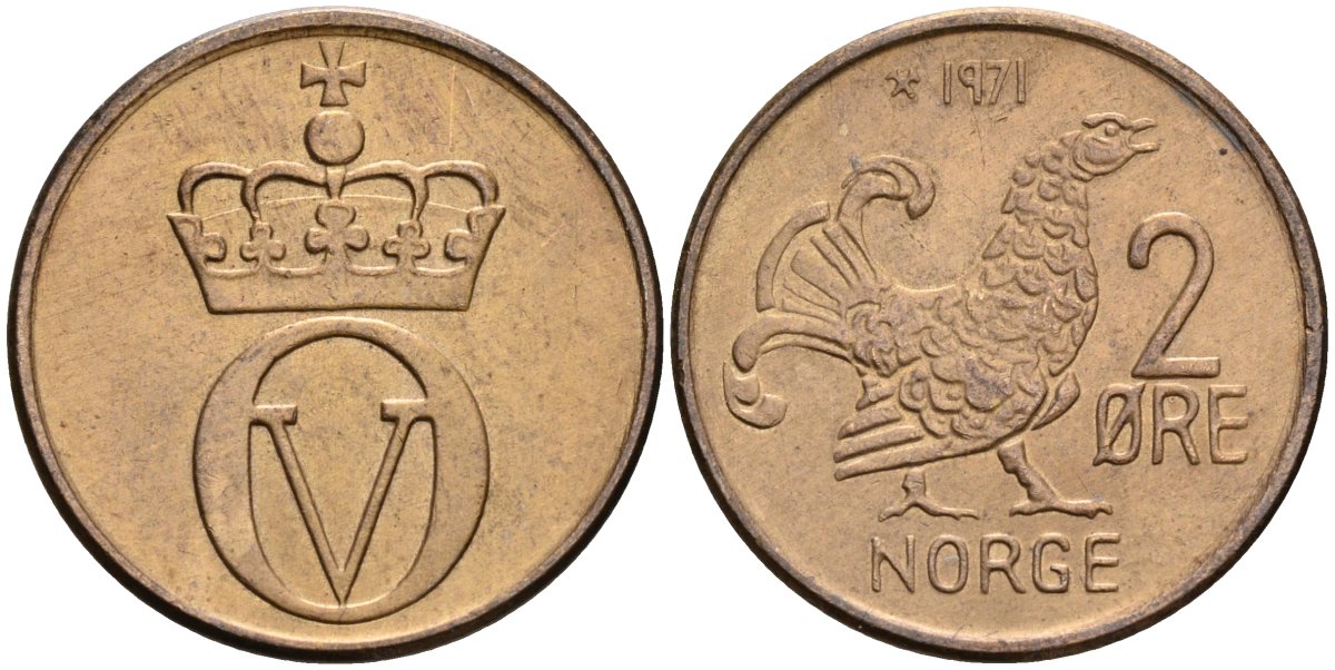 Норвегия 2 эре 1971 Улаф V (1958-1991), курица KM 410 бронза 4586-547