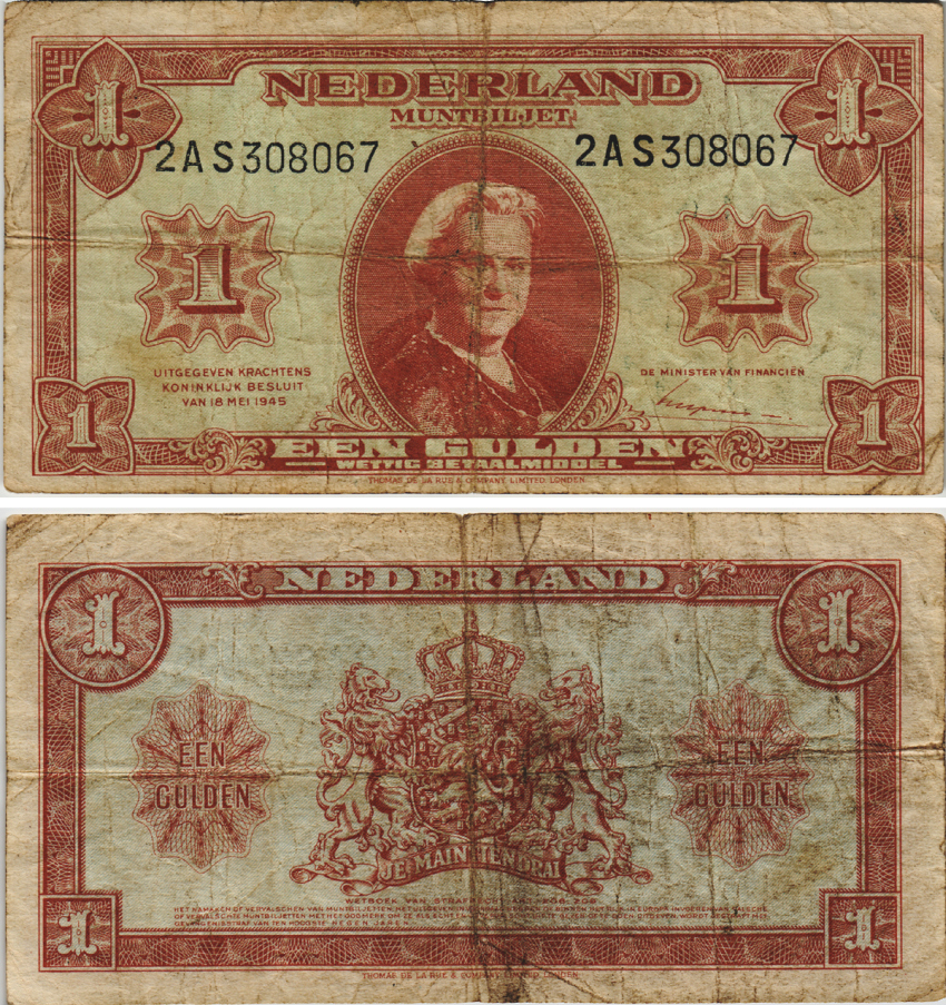 НИДЕРЛАНДЫ 1 ГУЛЬДЕН 1945 ВИЛЬГЕЛЬМИНА Pick 70 бумага 8604-12-2-2