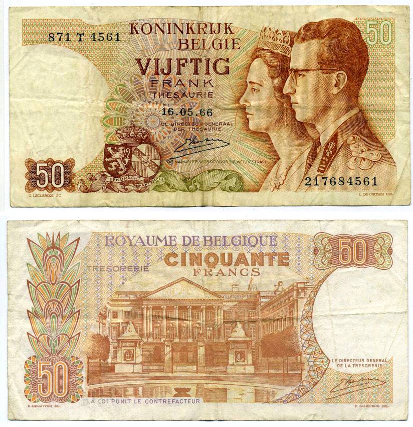 БЕЛЬГИЯ 50 ФРАНКОВ 1966 16 МАЯ 1966, КОРОЛЬ БОДУЭН I И КОРОЛЕВА ФАБИОЛА, ПОДПИСЬ 20 Pick 139 бумага 7207-16-2