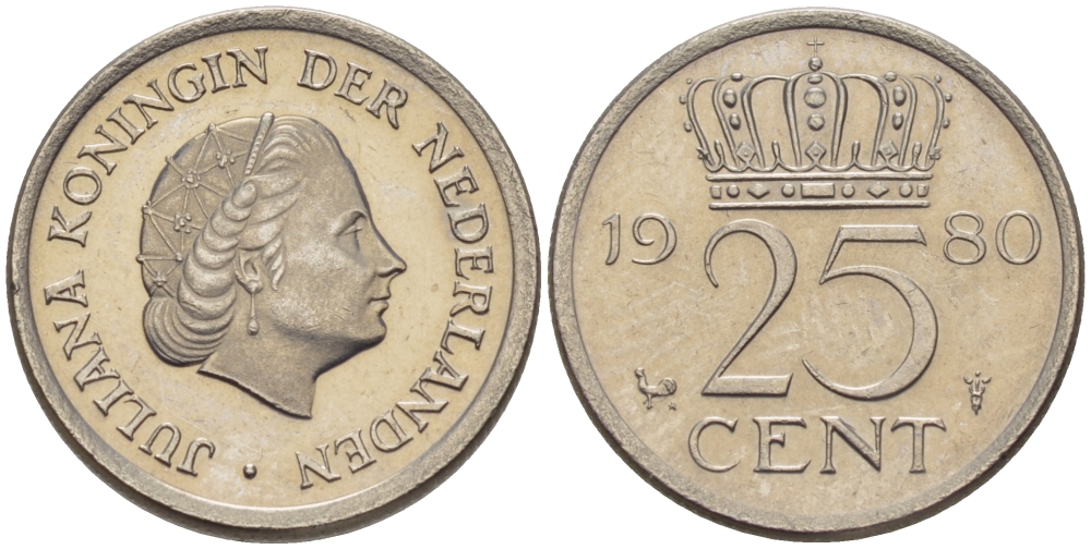НИДЕРЛАНДЫ 25 ЦЕНТОВ 1980 ЮЛИАНА KM 183 никель 66-435