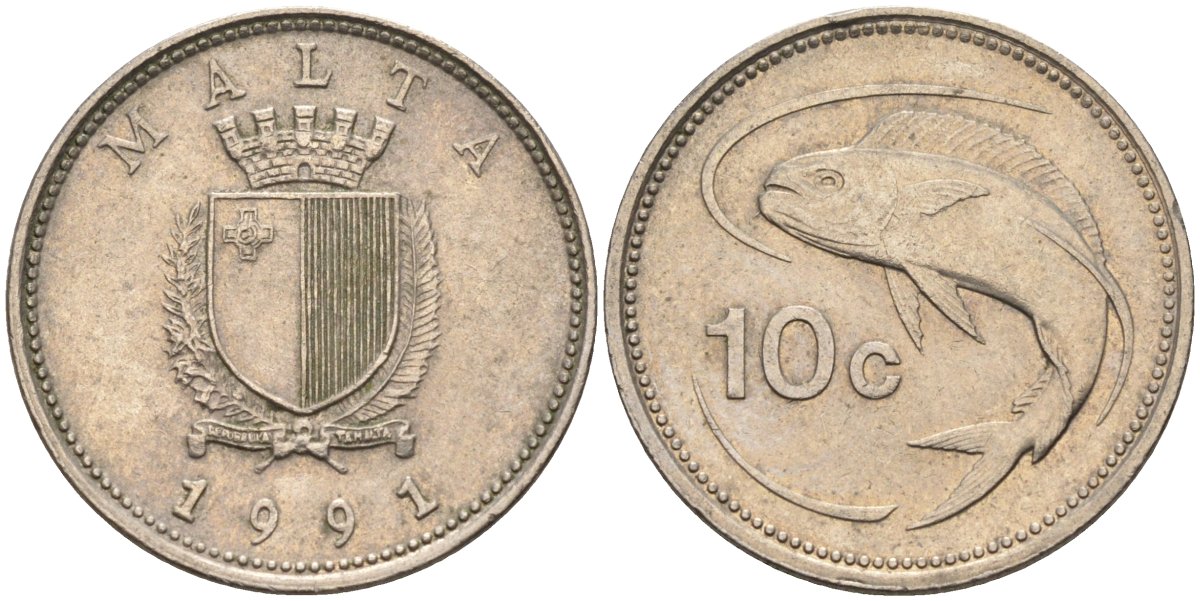 Мальта 10 центов 1991 золотая макрель KM 96 медно-никель 4588-225