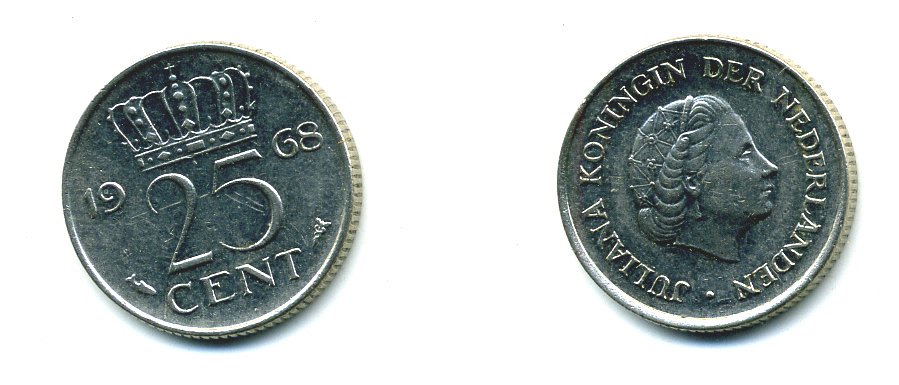 НИДЕРЛАНДЫ 25 ЦЕНТОВ 1968 ЮЛИАНА KM 183 никель 76-515