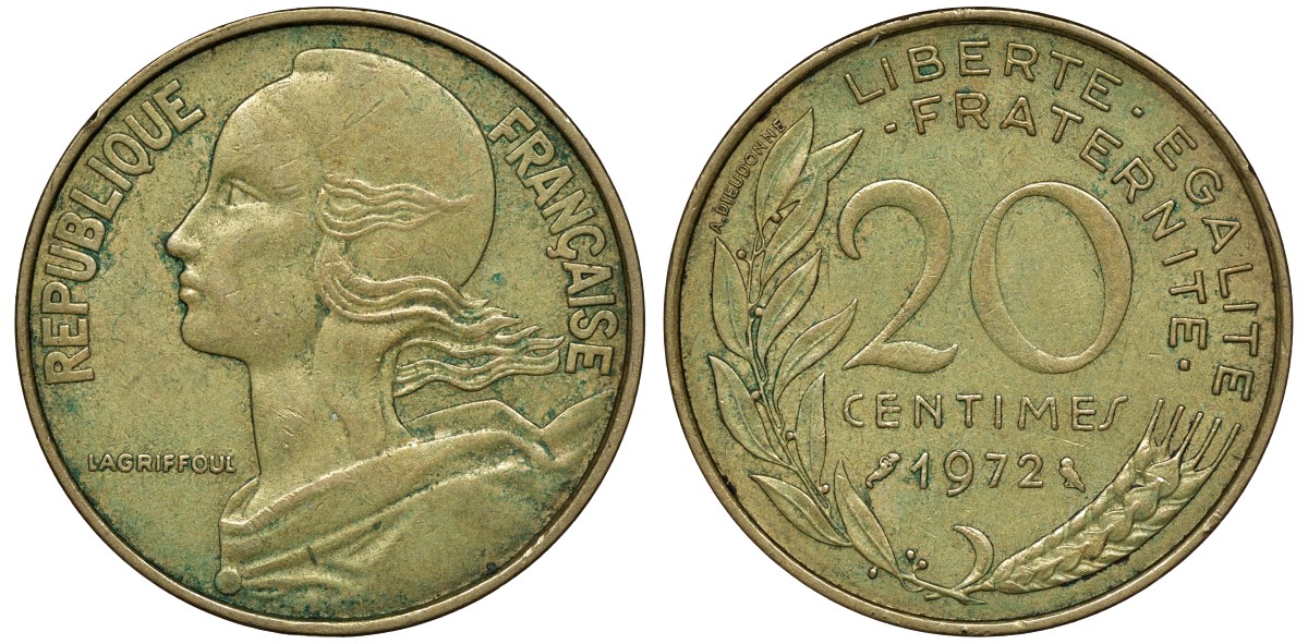ФРАНЦИЯ 20 САНТИМОВ 1972 KM 930 медь алюминий никель 72-1423