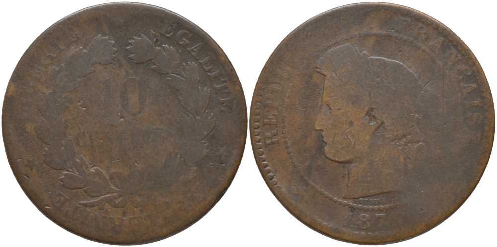 ФРАНЦИЯ 10 САНТИМОВ 1876 A, ТРЕТЬЯ РЕСПУБЛИКА (1871-1940) KM 815.1, LA FRANC 135.15 бронза 115-612