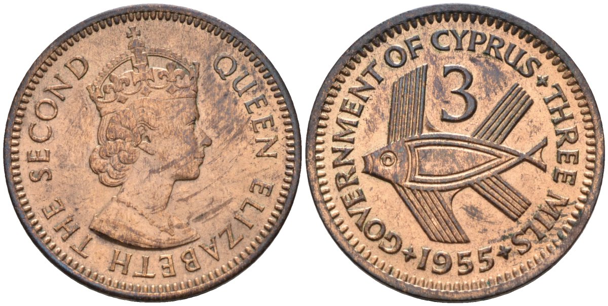 Кипр Британский 3 миля 1955 Елизавета II (1952-2022), рыба KM 33 бронза 4594-314