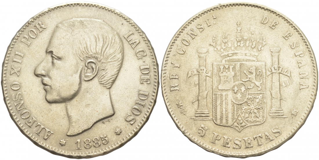 ИСПАНИЯ 5 ПЕСЕТ 1885 MS-M, АЛЬФОНСО XII, ЭМИТАЦИЯ белый металл 4537-1124