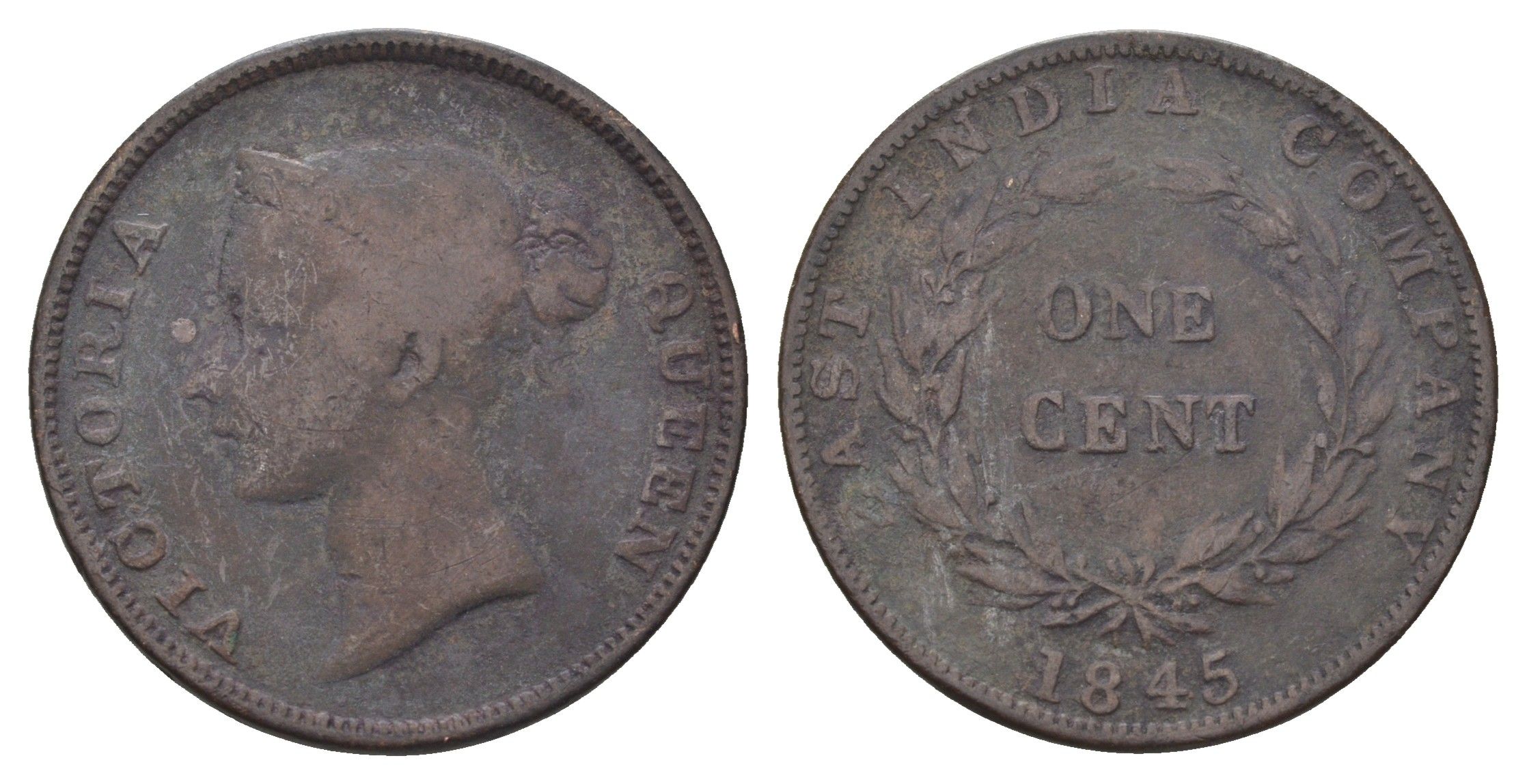 Стрейтс-Сетлментс (Стрейтс Сетлментс) 1 цент 1845 Виктория (1837-1901), год-тип KM 3 медь 4662-437