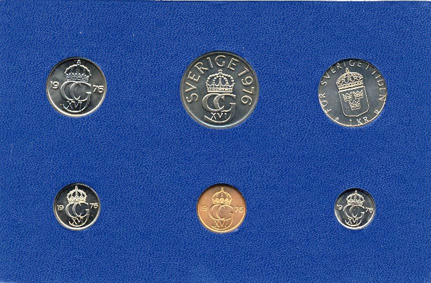 Швеция набор монетного двора из 6 монет 1976 в картоне, Карл XVI Густав (1973- ) KM MS4 UNC 7-5-7-218