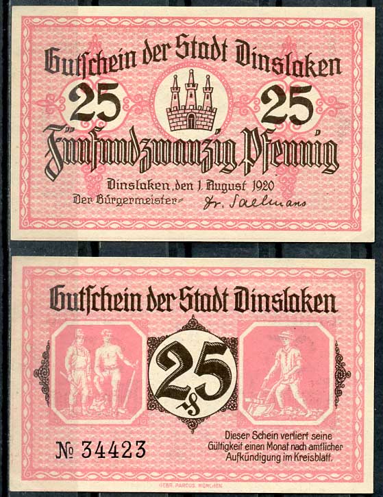 Германия, Динслакен 25 пфеннигов 1920 нотгельд, 1.8.1920 Tieste 1395/02 бумага UNC (пресс) 8614-45-3-2