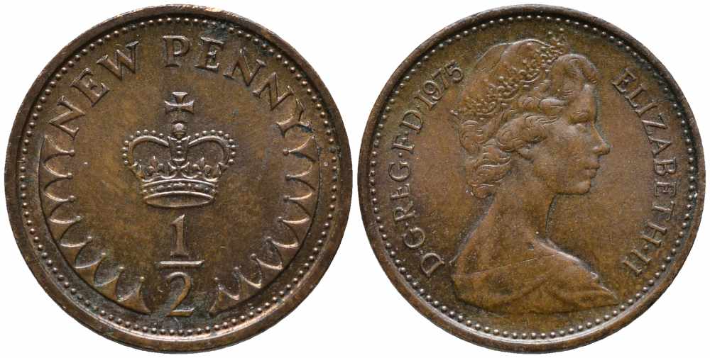 Великобритания 1/2 пенни 1975 Елизавета II (1952-2022) KM 914, Spink 4239 бронза 112-119