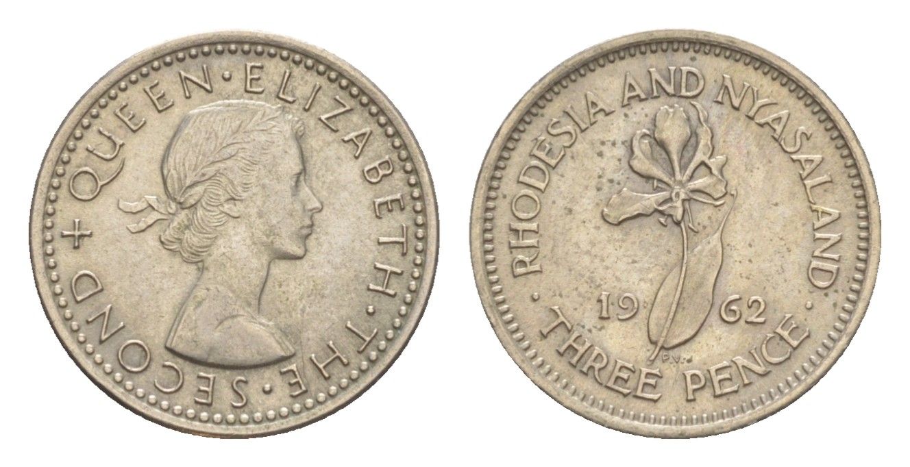 Родезия и Ньясаленд 3 пенса 1962 Елизавета II (1952-2022), цветок глориоза KM 3 медно-никель UNC 4596-941