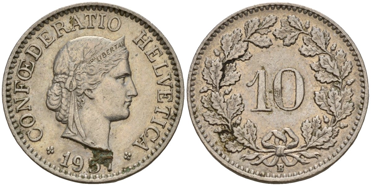 Швейцария 10 раппенов 1957 B KM 27 медно-никель 4189-349