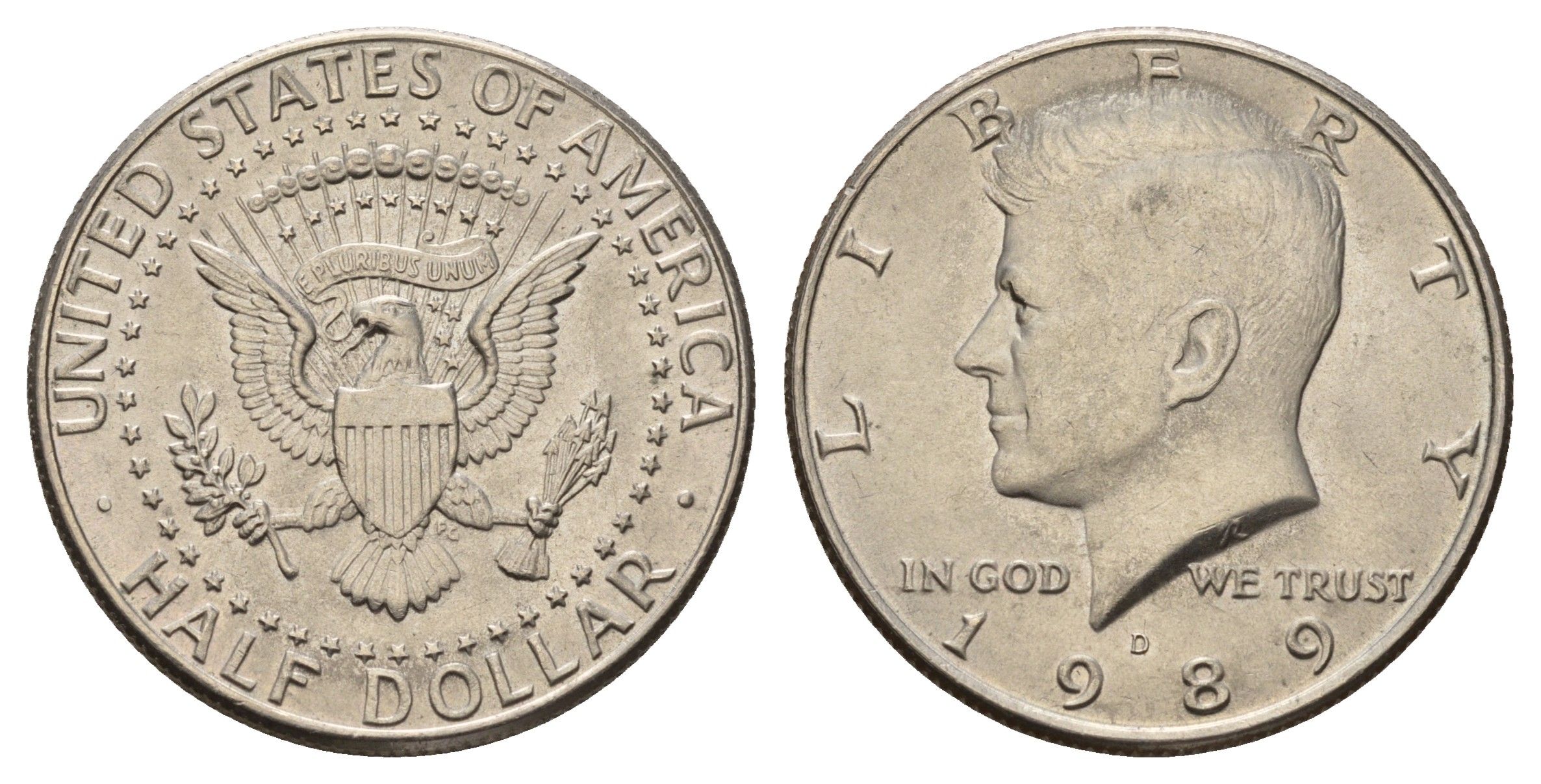 США 1/2 доллара (50 центов) 1989 D, Джон Кеннеди KM A202b медь плакированная медно-никелем UNC 4672-636