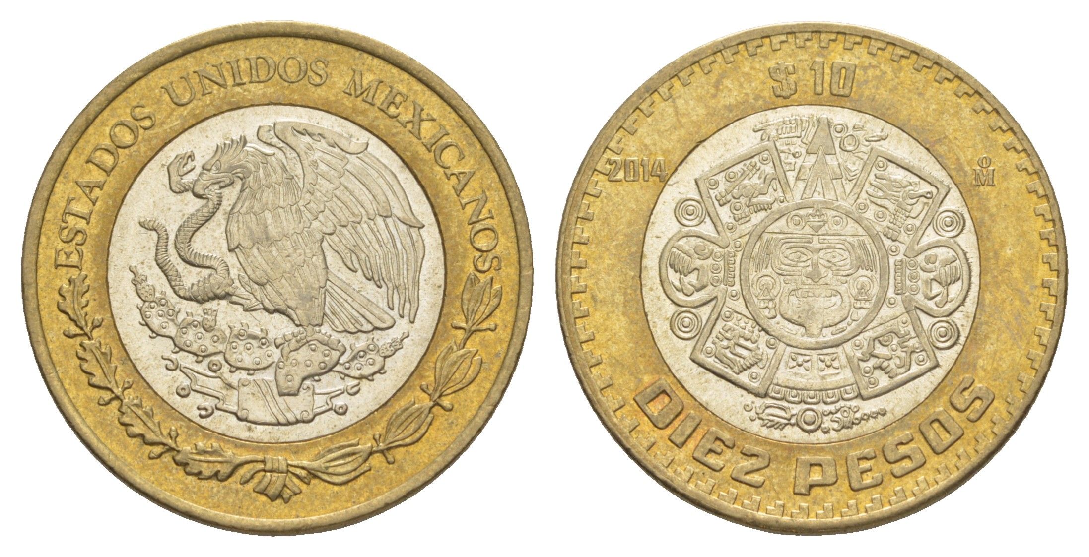 Мексика 10 песо 2014 Мо, бог Тонатиуха с огненной маской KM 616 биметалл aUNC 4637-733