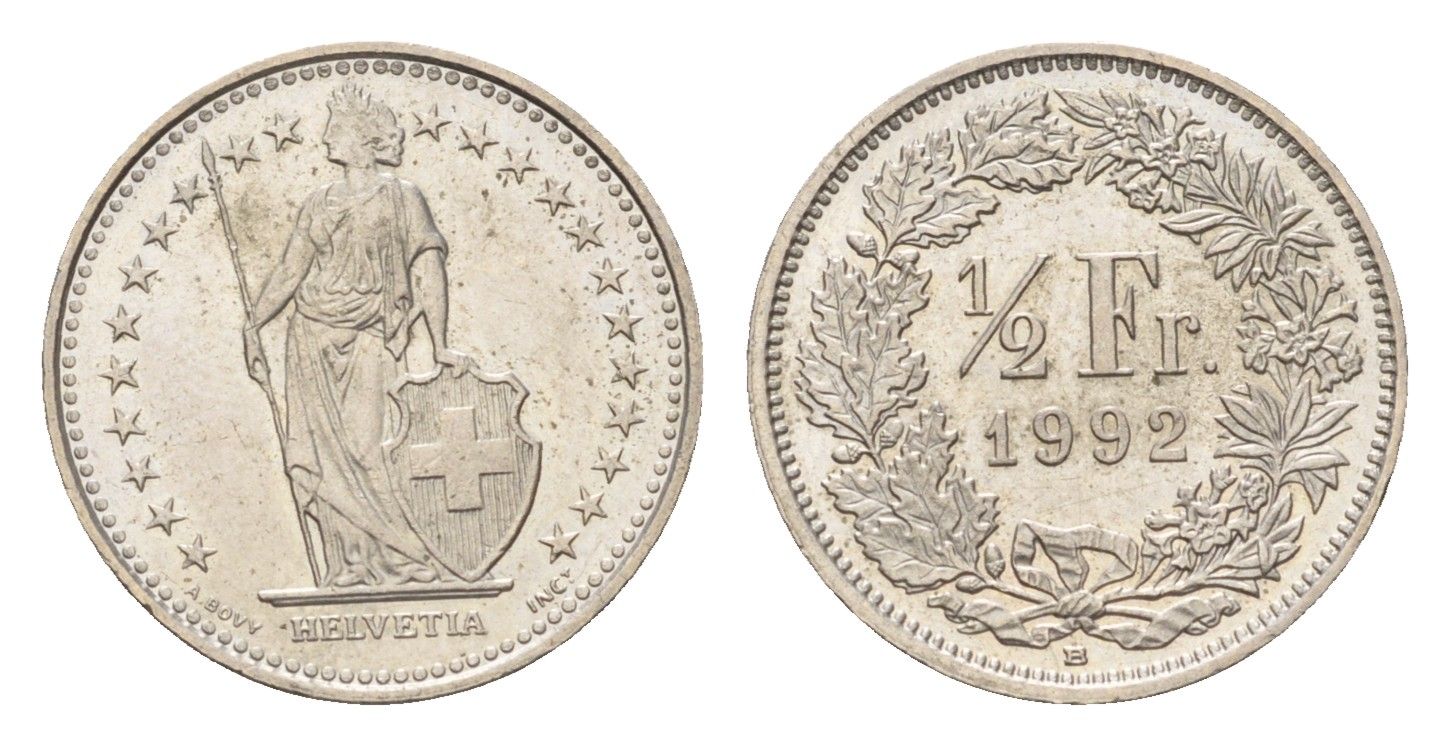 Швейцария 1/2 франка 1992 B KM 23a медно-никель 4685-864