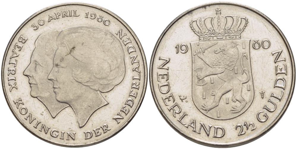 Нидерланды 2 1/2 гульдена 1980 коронация Беатрикс, 30 апреля 1980 KM 201 никель 38-135