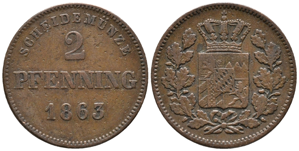 Бавария 2 пфеннига 1863 Максимилиан II (1848-1864) KM 472 медь 34-915