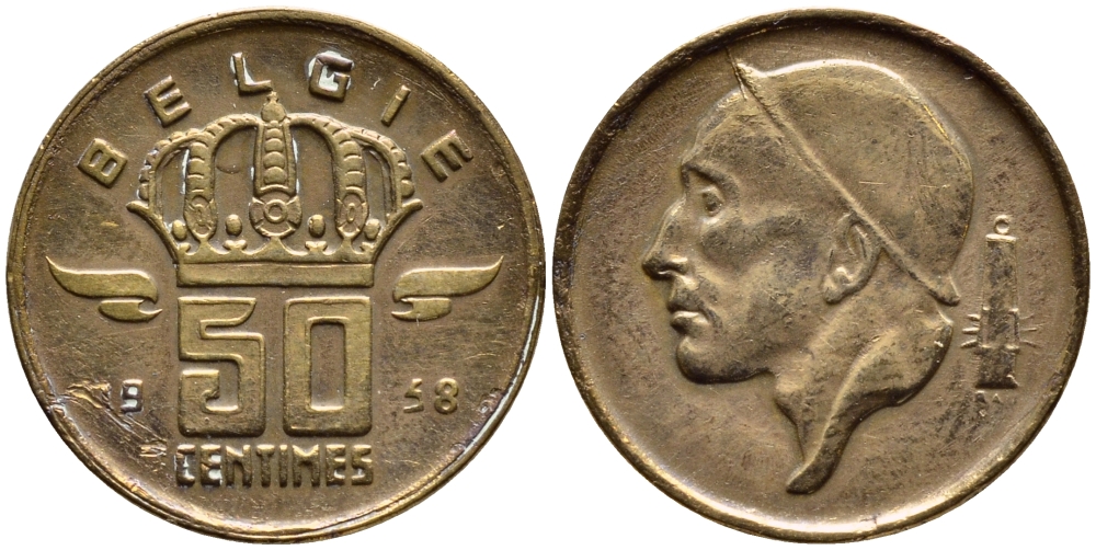 БЕЛЬГИЯ 50 САНТИМОВ 1958 BELGIE KM 149.1 бронза 4392-823