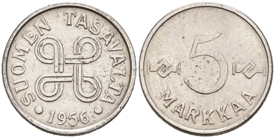 Финляндия 5 марок 1956 KM 37a никелированное железо 192-1134