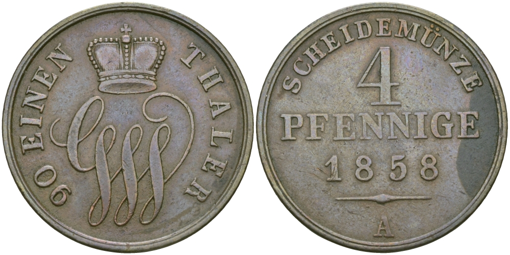 Шаумбург-Липпе 4 пфеннига 1858 А, Георг Вильгельм (1787-1860) KM 40 медь 65-632